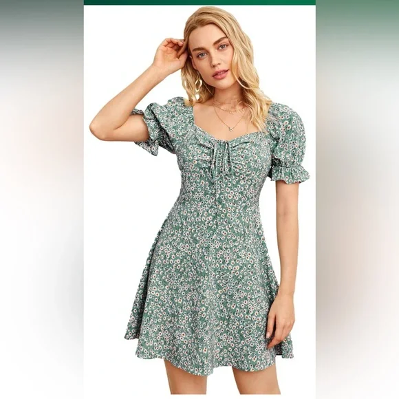 Dresses | Verdusa Floral Green Puff Sleeve Ruched Front Milkmaid Mini Dress  Size L | Poshmark